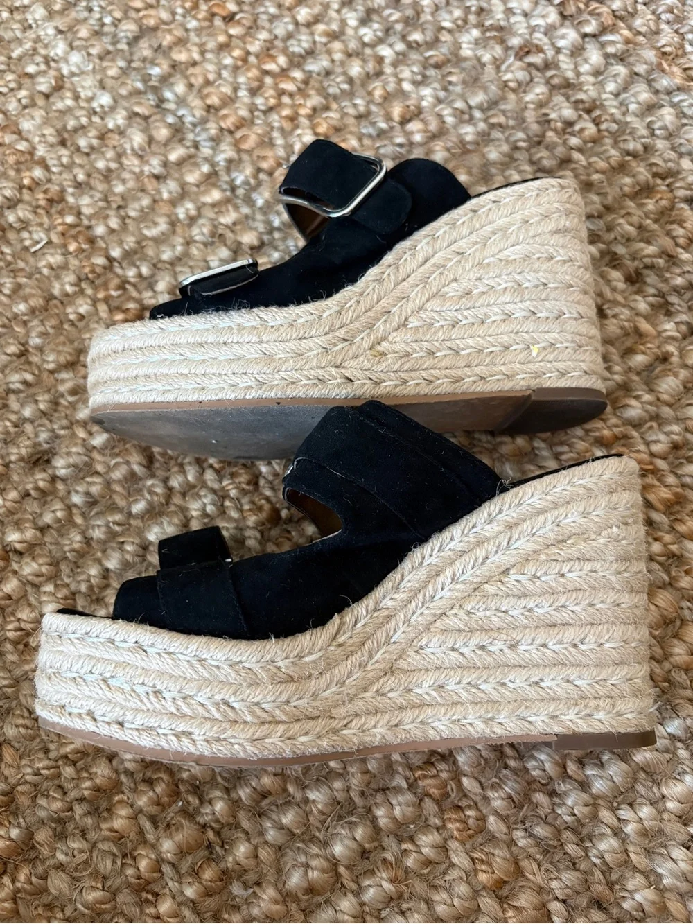 bp Black Suede Espadrille Wedge Mules with Buckles